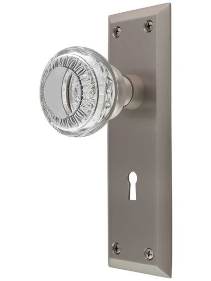 New York Mortise-Lock Set with Ovolo Crystal-Glass Knobs and Keyhole in Satin Nickel.